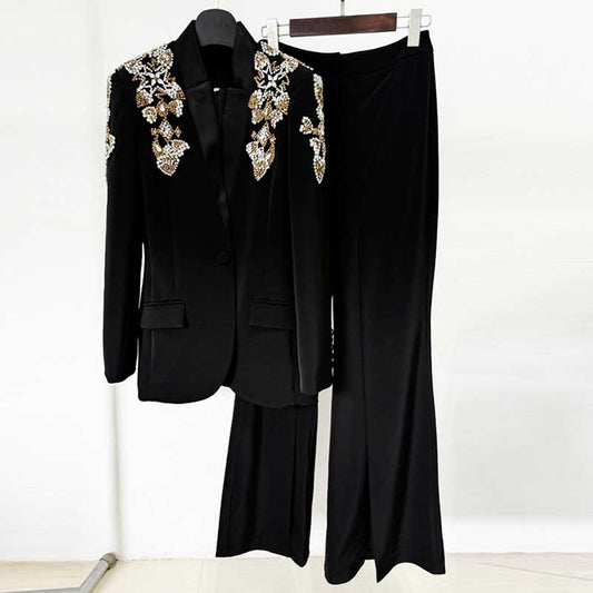 Single-Breasted Diamond Blazer Split Bell Pants Set Black Pantsuit