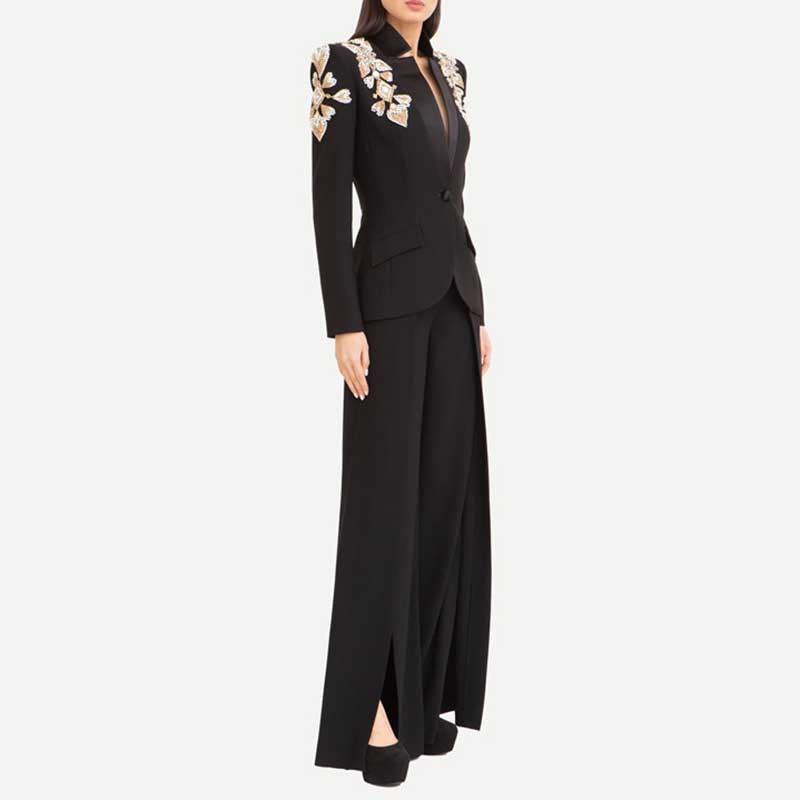 Single-Breasted Diamond Blazer Split Bell Pants Set Black Pantsuit