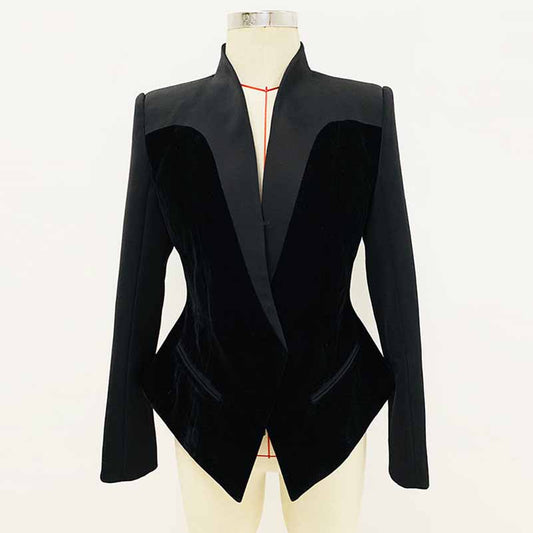 Women's black silhouette Jacket velvet patchwork V-Neck Slim Fitted Blazer