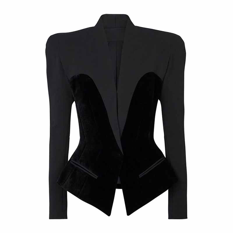 Women's black silhouette Jacket velvet patchwork V-Neck Slim Fitted Blazer