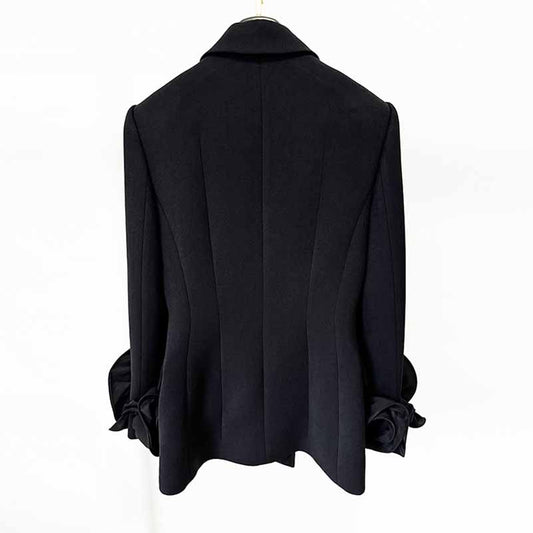 Women's Black Slim Double-Breasted Jacket Flower Embellished Blazer