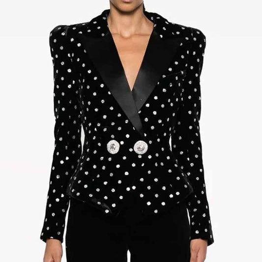 Women's black blazer Lion button slim fit polka dot velvet jacket