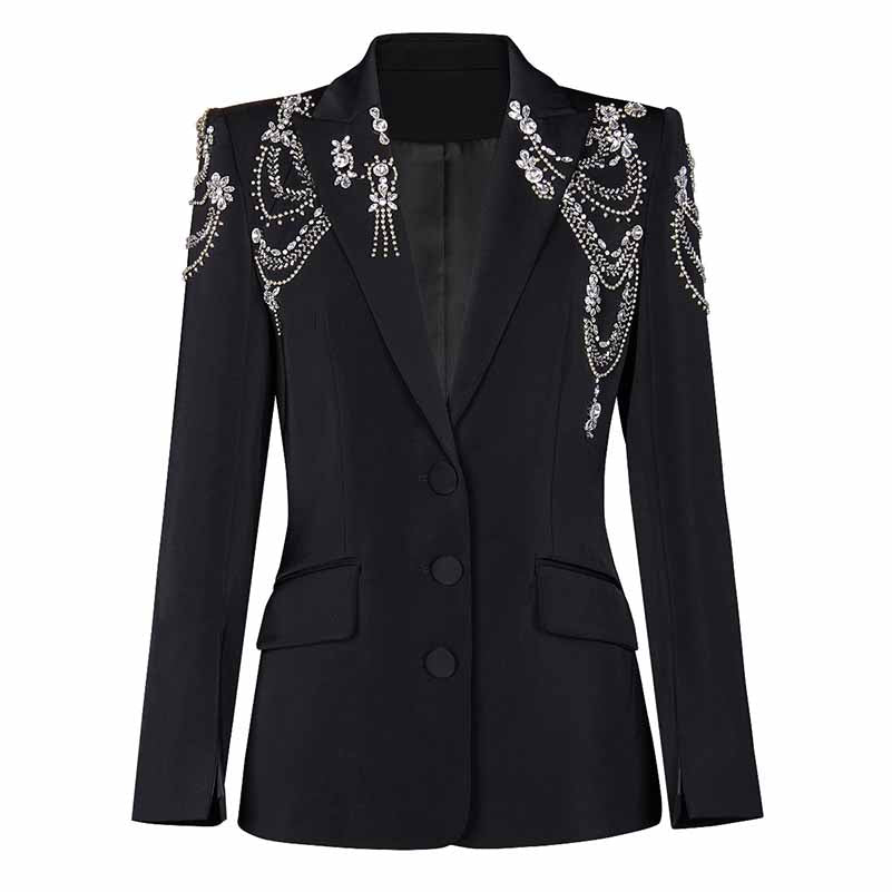 Women's Crystal Blazer Black V Neck Sleeves Jacket Coat