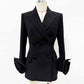 Women's Black Slim Double-Breasted Jacket Flower Embellished Blazer