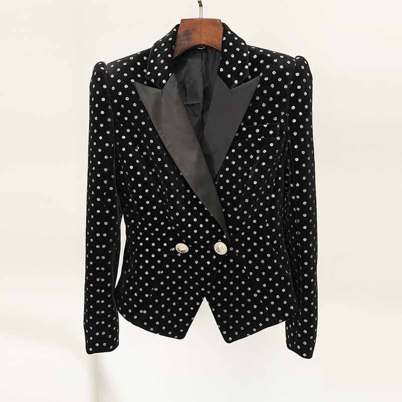 Women's black blazer Lion button slim fit polka dot velvet jacket