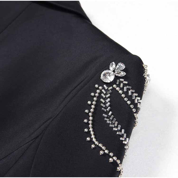 Women's Crystal Blazer Black V Neck Sleeves Jacket Coat