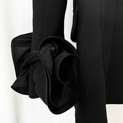 Women's Black Slim Double-Breasted Jacket Flower Embellished Blazer