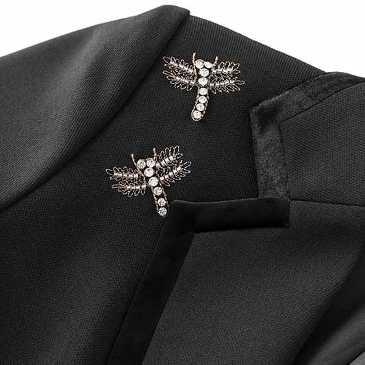 Womens Black Blazer Nail Drill Dragonfly Embroidery Coat