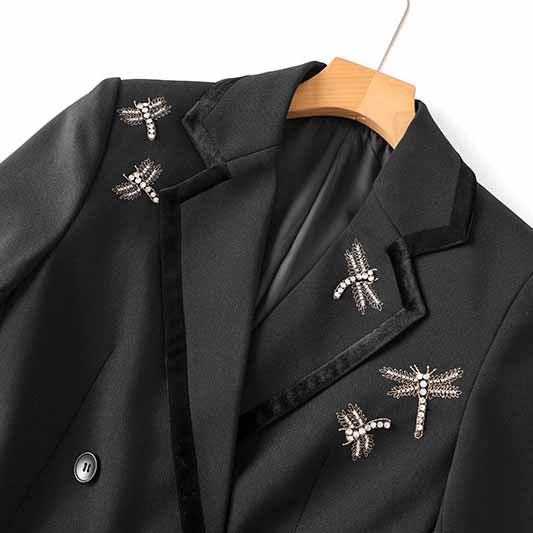 Womens Black Blazer Nail Drill Dragonfly Embroidery Coat