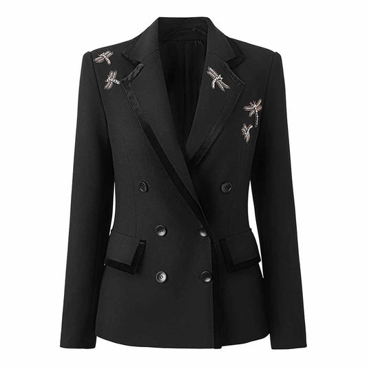 Womens Black Blazer Nail Drill Dragonfly Embroidery Coat