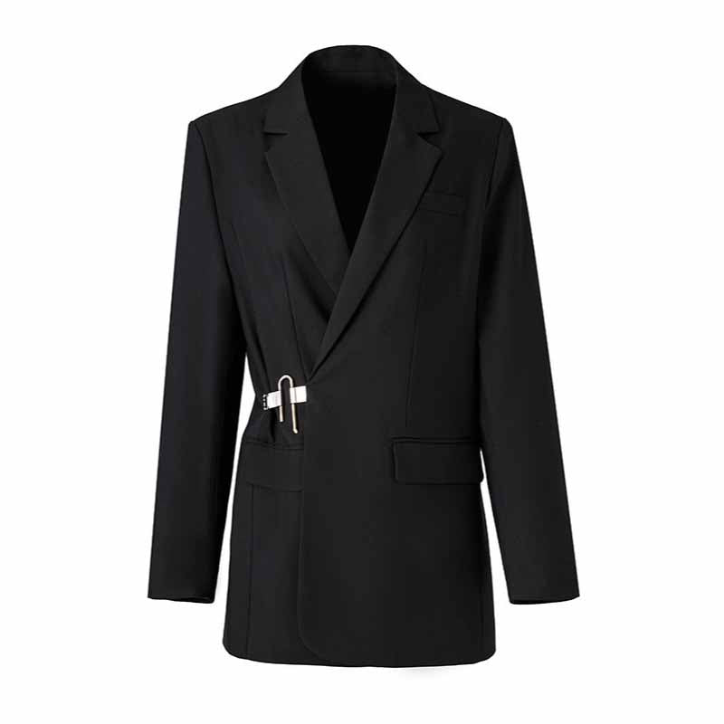 Women’s Black Blazer Coat with Metal Lock Closure – Edgy Classic Tailoring