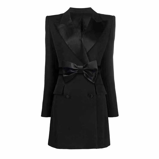 Women's Black Blazer Dress Satin V Neck Bow Embellished Mini Dress