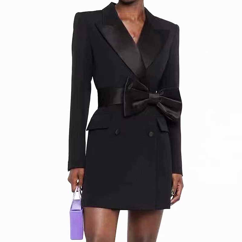 Women's Black Blazer Dress Satin V Neck Bow Embellished Mini Dress