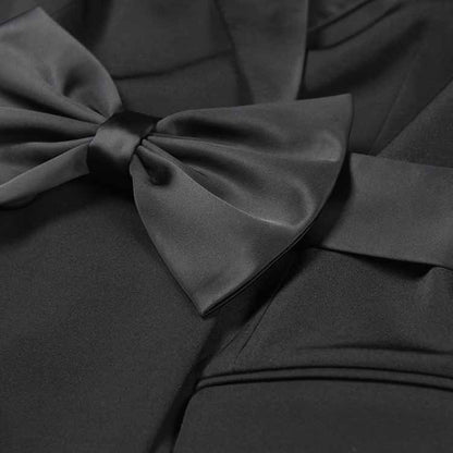 Women's Black Blazer Dress Satin V Neck Bow Embellished Mini Dress