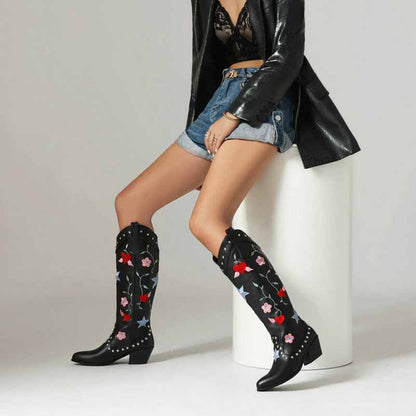 Black Cowboy Embroidery Boots for Women Chunky Knee High Cowgirl Boots