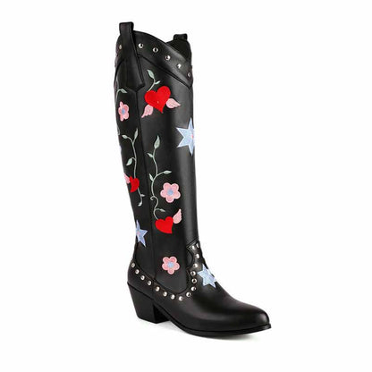 Black Cowboy Embroidery Boots for Women Chunky Knee High Cowgirl Boots