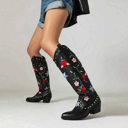 Black Cowboy Embroidery Boots for Women Chunky Knee High Cowgirl Boots