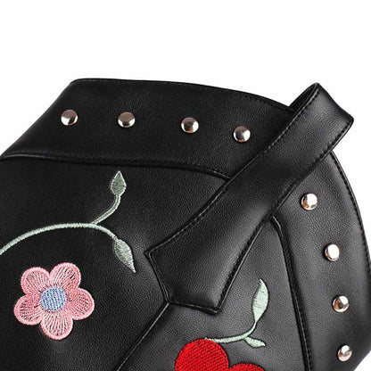 Black Cowboy Embroidery Boots for Women Chunky Knee High Cowgirl Boots