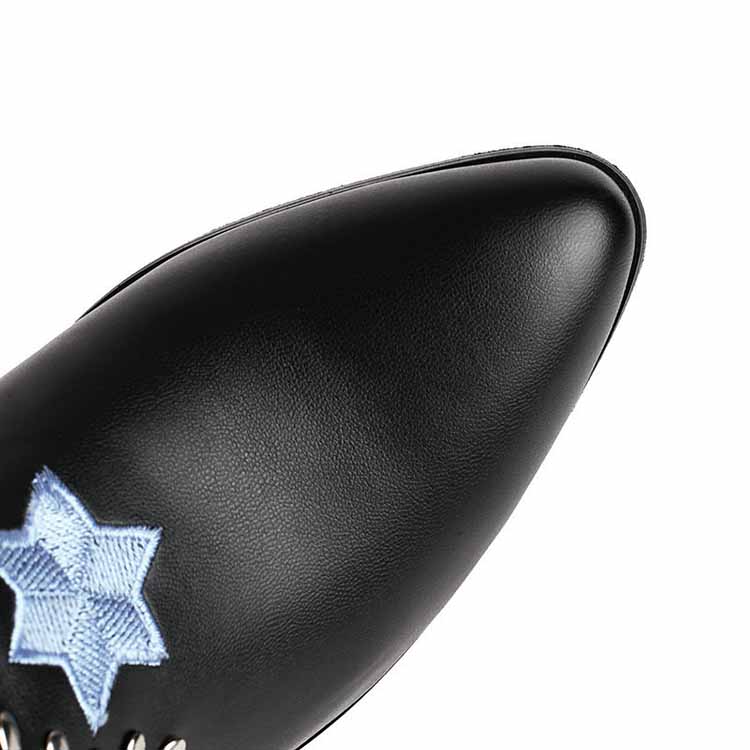 Black Cowboy Embroidery Boots for Women Chunky Knee High Cowgirl Boots