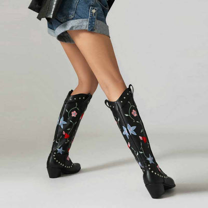 Black Cowboy Embroidery Boots for Women Chunky Knee High Cowgirl Boots