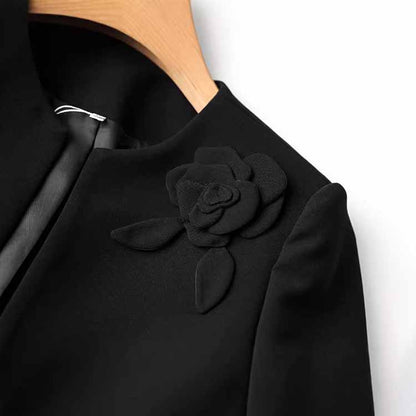 3D Flower Embellished Cardigan Black Double Crepe Jacket Short Coat