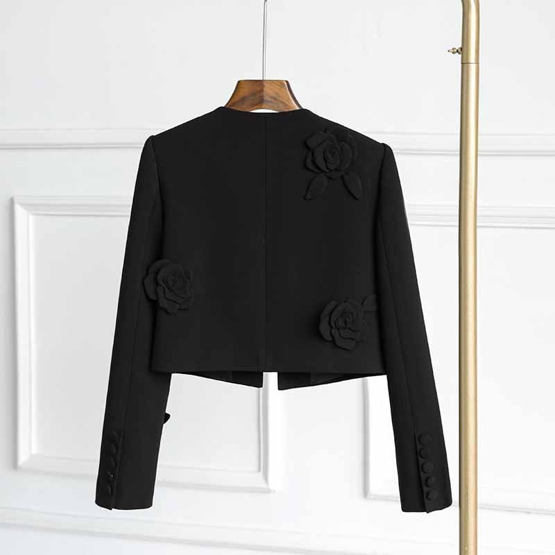 3D Flower Embellishd Cardigan Black Double Crepe Jacket Short Coat