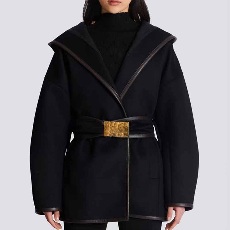 Women's Black Belted Woolen Coat