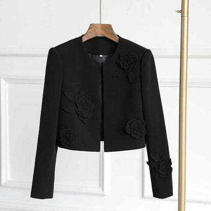 3D Flower Embellished Cardigan Black Double Crepe Jacket Short Coat