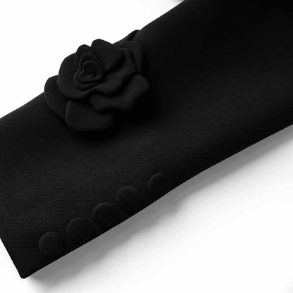 3D Flower Embellished Cardigan Black Double Crepe Jacket Short Coat