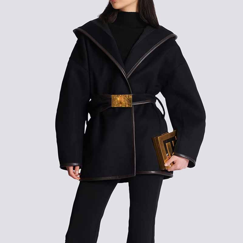 Women's Black Belted Woolen Coat