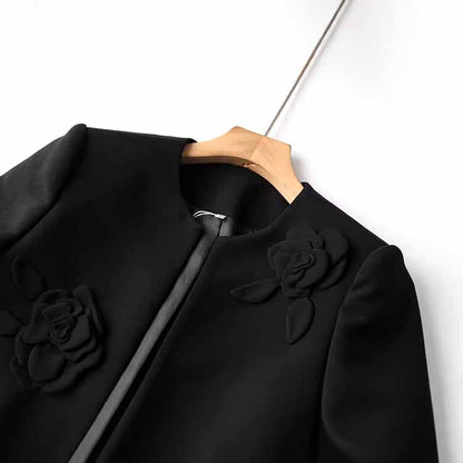3D Flower Embellished Cardigan Black Double Crepe Jacket Short Coat