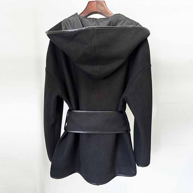 Women's Black Belted Woolen Coat