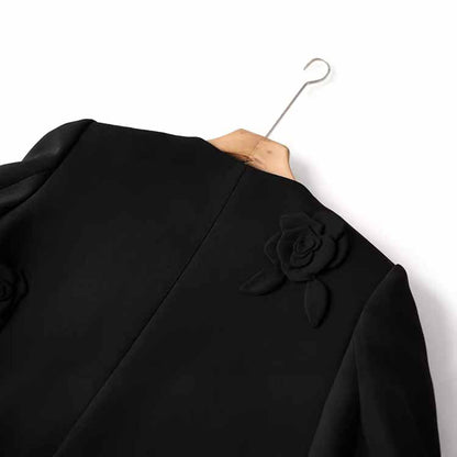 3D Flower Embellished Cardigan Black Double Crepe Jacket Short Coat