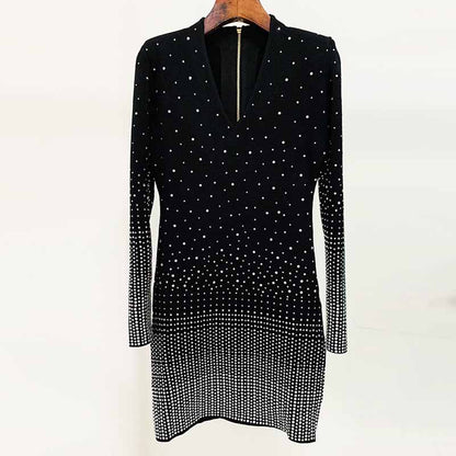 Women Rhinestone Bling Bling V Neck Knitwear heat-melting Long Jumper / Mini Dress Black , Birthday Party, Evening Out Dress