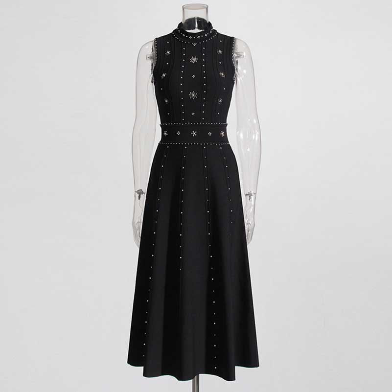 Elegant Crew Neck Sleeveless Beaded Midi Dress Black Knitted Dress