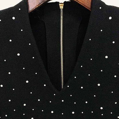 Women Rhinestone Bling Bling V Neck Knitwear heat-melting Long Jumper / Mini Dress Black , Birthday Party, Evening Out Dress