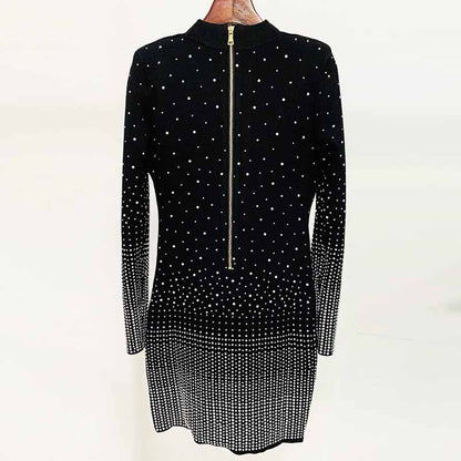 Women Rhinestone Bling Bling V Neck Knitwear heat-melting Long Jumper / Mini Dress Black , Birthday Party, Evening Out Dress