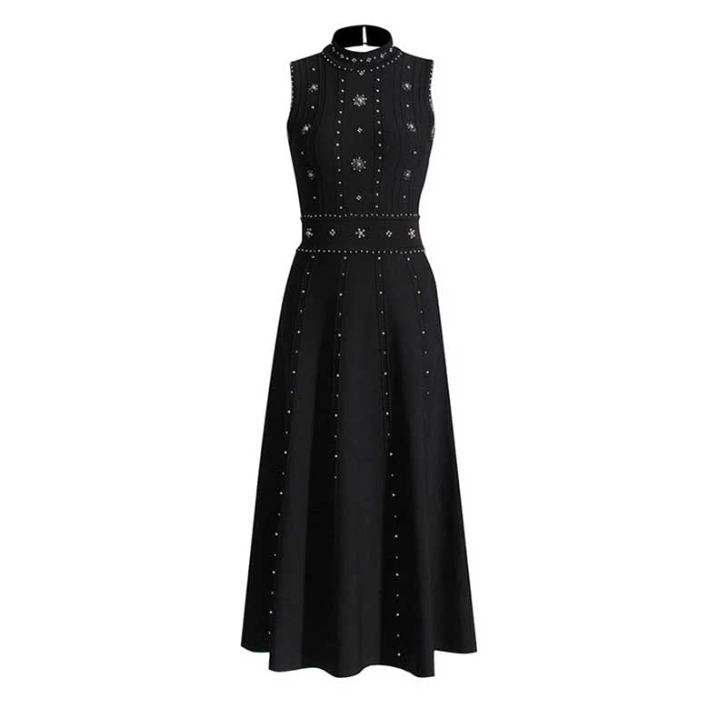 Elegant Crew Neck Sleeveless Beaded Midi Dress Black Knitted Dress