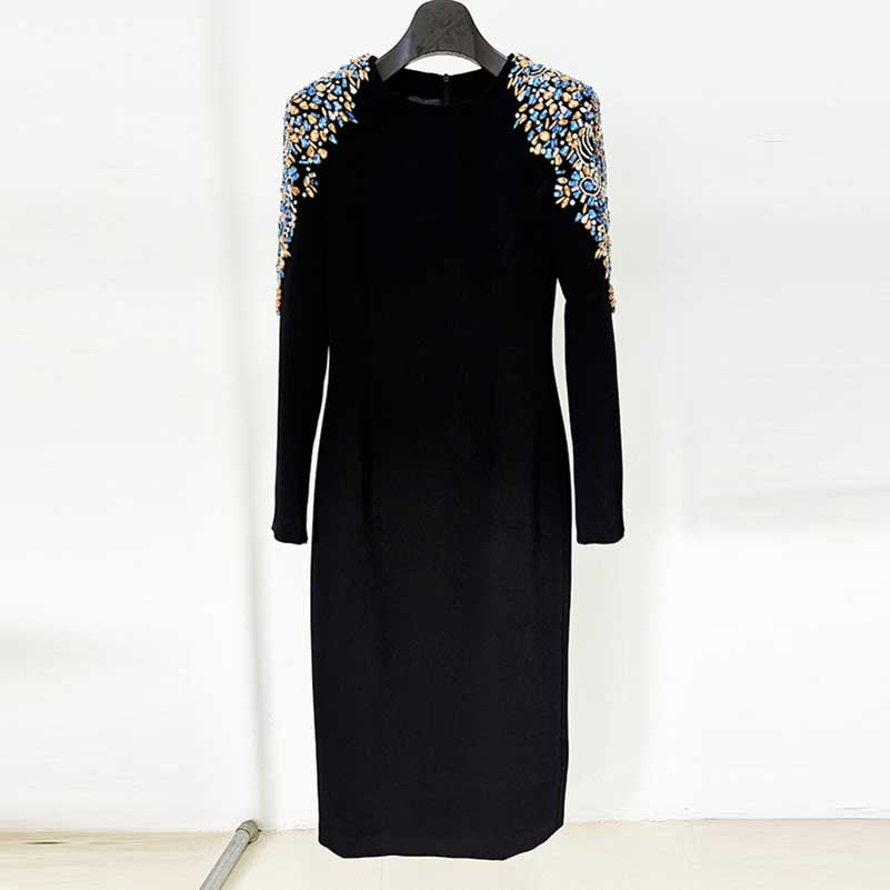 Women's Diamond Long Sleeved Medium Length Black Dress