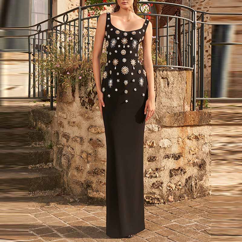 Women Luxury Beaded Crystal Black Midi Dress