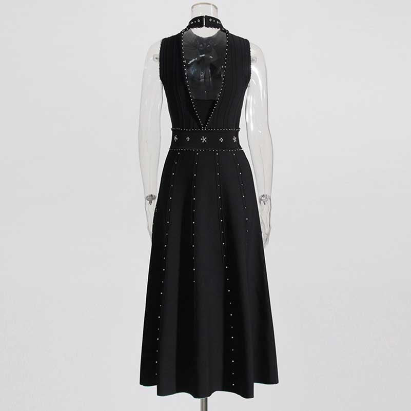 Elegant Crew Neck Sleeveless Beaded Midi Dress Black Knitted Dress