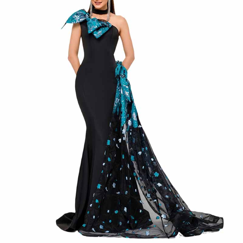 Black One Shoulder Mermaid Prom Dress Big Bow Tie Drawing Event Dress Ball Gowns