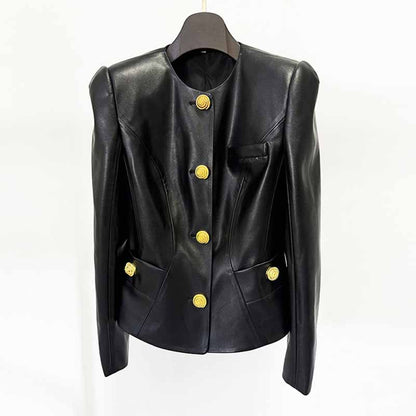 Collarless Faux Leather Jacket with Snail-shaped Buttons