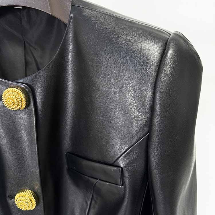 Collarless Faux Leather Jacket with Snail-shaped Buttons