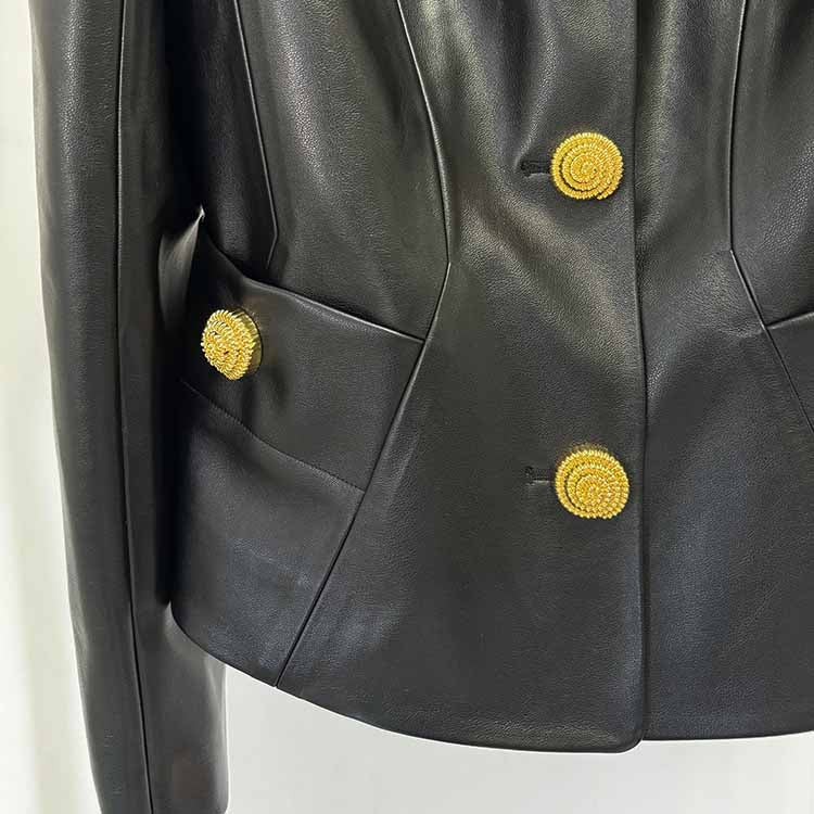 Collarless Faux Leather Jacket with Snail-shaped Buttons