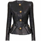 Collarless Faux Leather Jacket with Snail-shaped Buttons