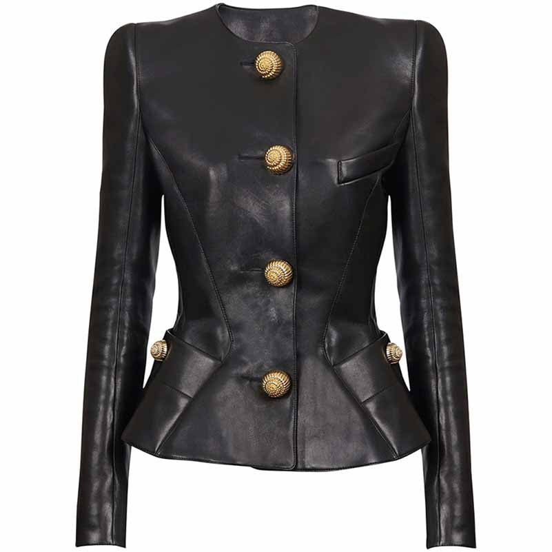 Collarless Faux Leather Jacket with Snail-shaped Buttons