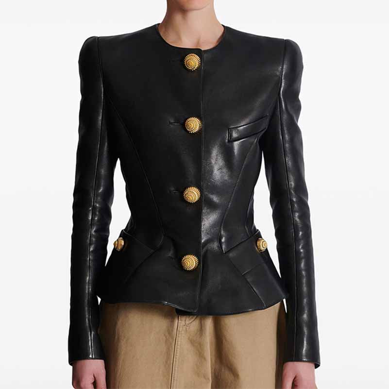 Collarless Faux Leather Jacket with Snail-shaped Buttons