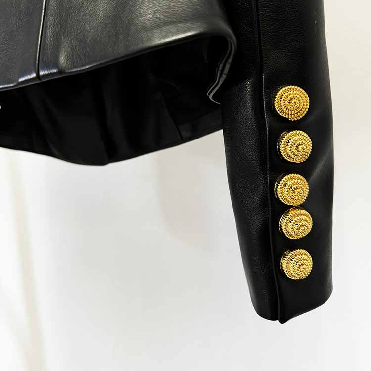 Collarless Faux Leather Jacket with Snail-shaped Buttons