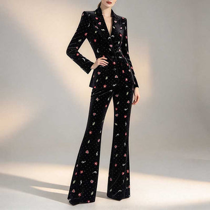 Black Velvet Floral Embroidered Blazer Flared Formal Suit